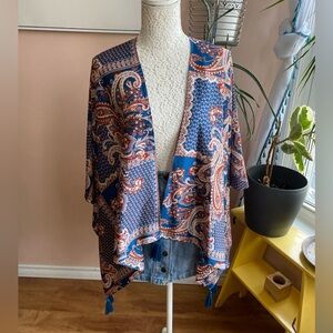 Paisley Print Kimono Jacket with Tassels – Boho Blue Open Front Cover-up